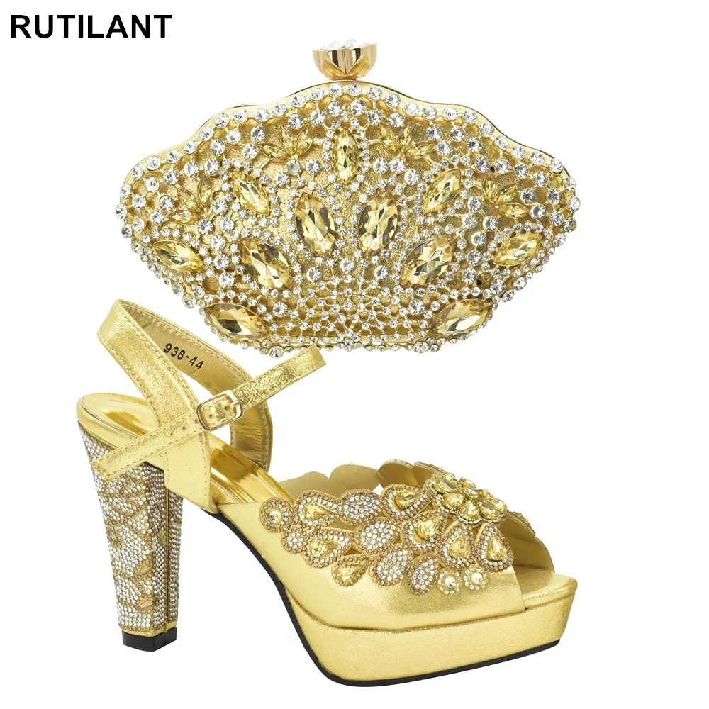 Zapatos y bolso de fiesta italianos decorados con diamantes de imitación para mujer, zapatos de boda africanos, zapatos de novia de talla grande 43, recién llegados