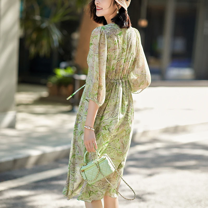 New 100% Real Silk Summer Dresses for Women Vintage Elegant High Waist V-neck Three Quarter Sleeve Women's Print Long Dress