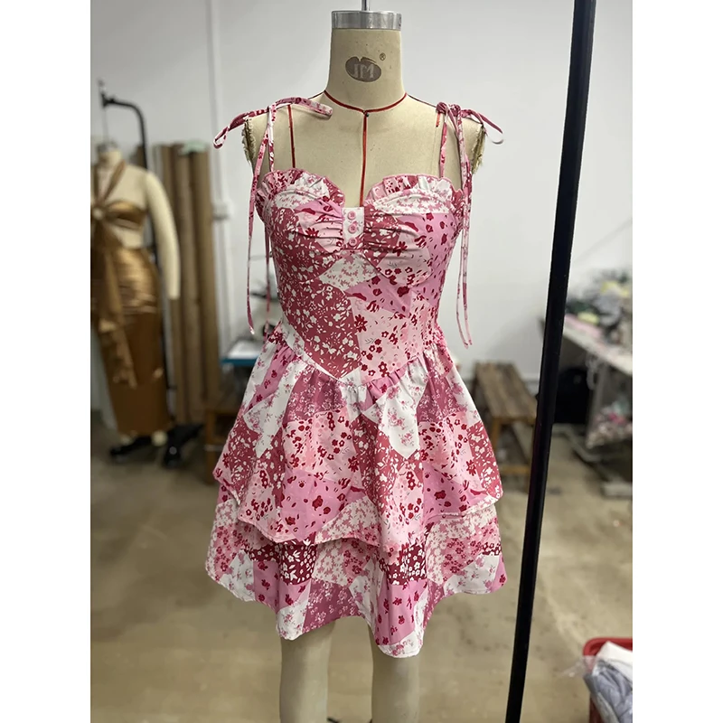 Women Spaghetti Floral Print Tiered Tie Slim Fit Short Dresses Summer Sleeveless Ruffle Smocked Mini Dress