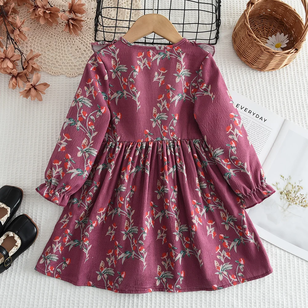 2024 Sweet Spring and Autumn Girls' Long Sleeved Dress with Purple Fragmented Flowers and Mushroom Edges Round Neck Casual Wear