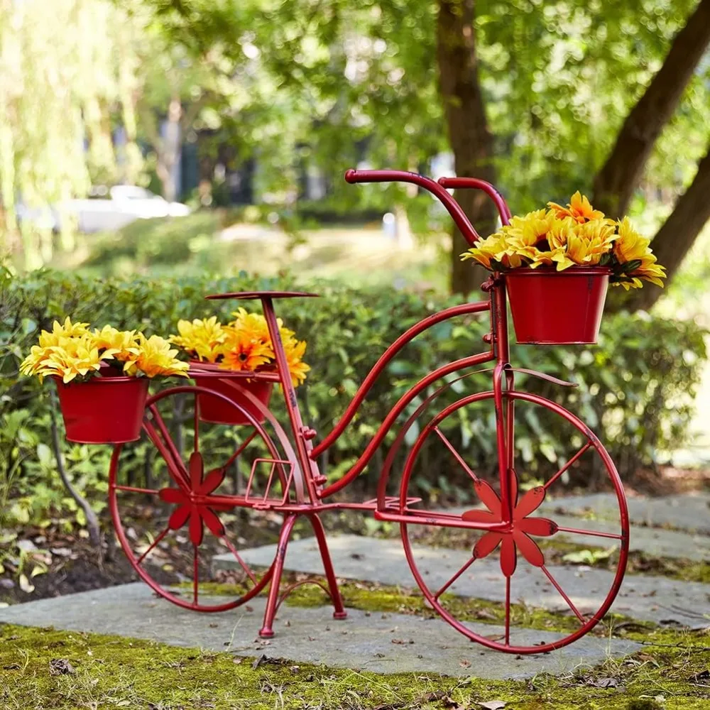 

Bicycle Plant Stand Metal Standing Planter Hand Painted Flower Holder Indoor Outdoor Home Garden Patio Decor Red, 25.9