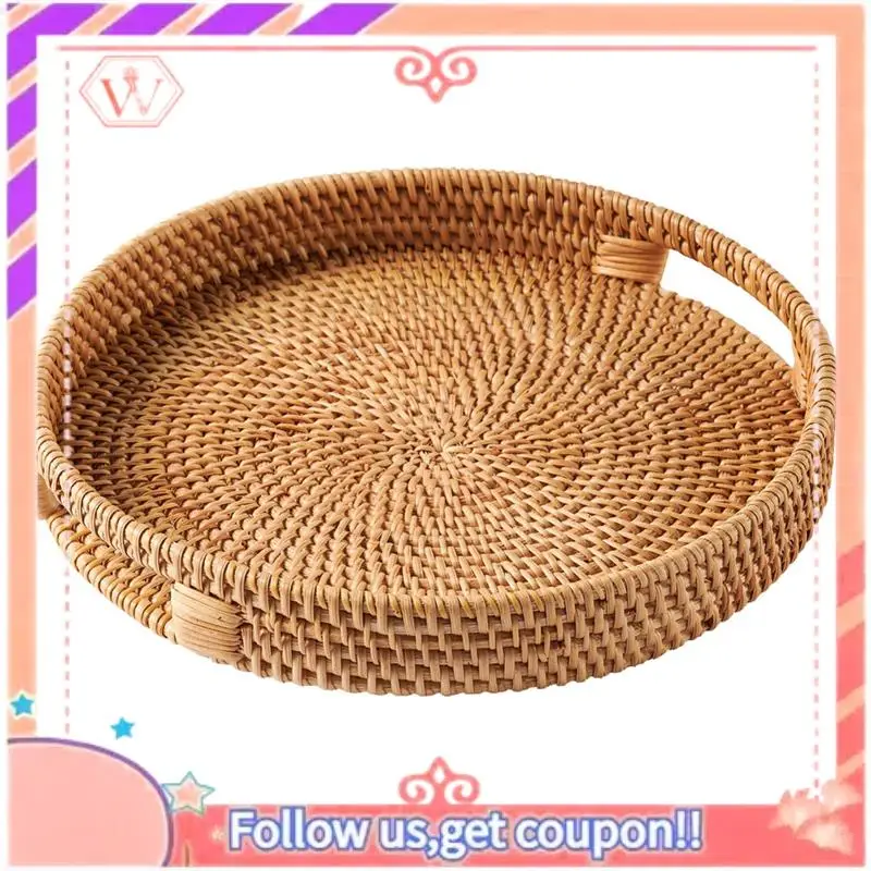 AT84-Rattan Serving Tray 30Cm, Woven Serving Trays With Handles For Home,Round Dining Table Tray,Wicker Serving Basket
