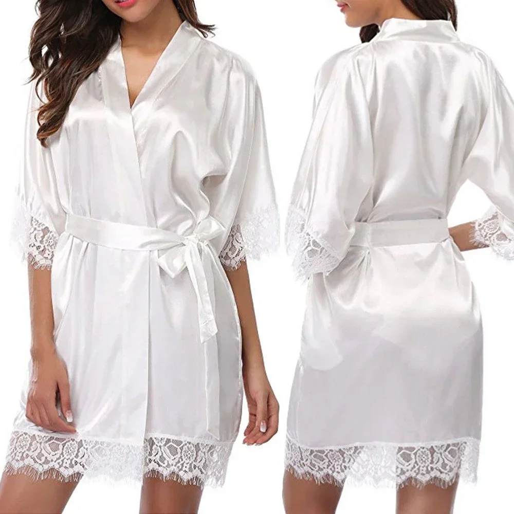 

Sexy Women Robe Satin Lace Lingerie Ultra-thin Super Short Sleepwear Loose Breathable Dress Solid Nightgown Hot Sale Bathrobes