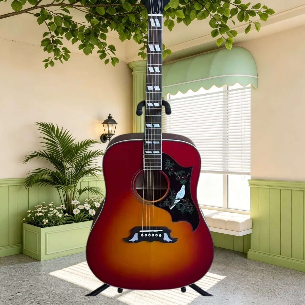 Acoustic Guitar Spruce Body Rosewood Fretboard Red Orange Sunburst Gloss Finish Dove Floral Abalone Inlay Pickguard New Hot Gift