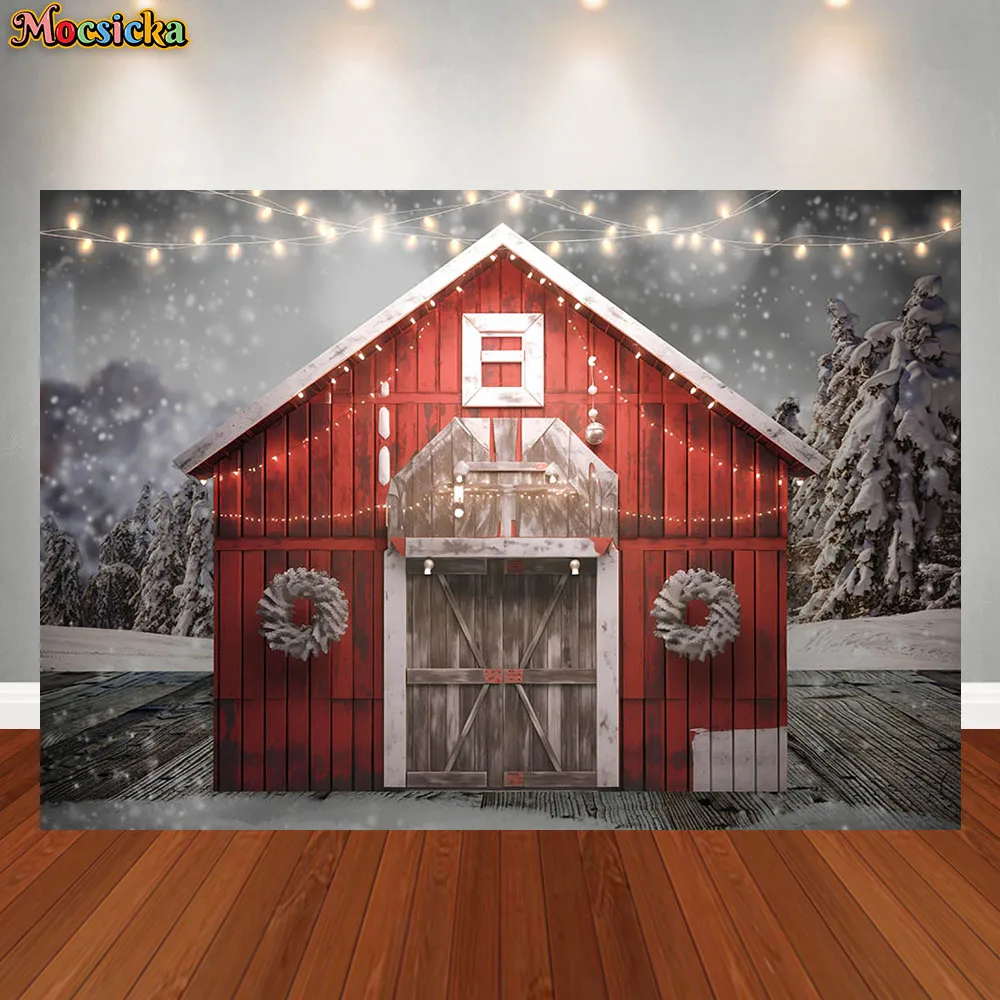 Christmas Red Barn Door Backdrop for Photography Studio Winter Family Portrait Photobooth Background Snow Xmas Tree Decor Banner