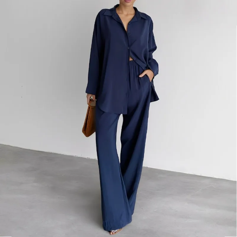 

FFF.DUO Осенняя женская одежда, модная однотонная однобортная рубашка, повседневные свободные широкие брюки, длинные брюки с длинными рукавами, комплект из 2 предметов