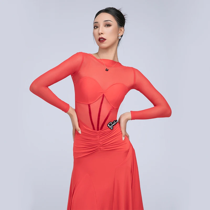 Red Ballroom Dance Dress Women Competition Clothing Backless Long Sleeves Practice Clothes Waltz Dance Wear Prom Dress DNV22079