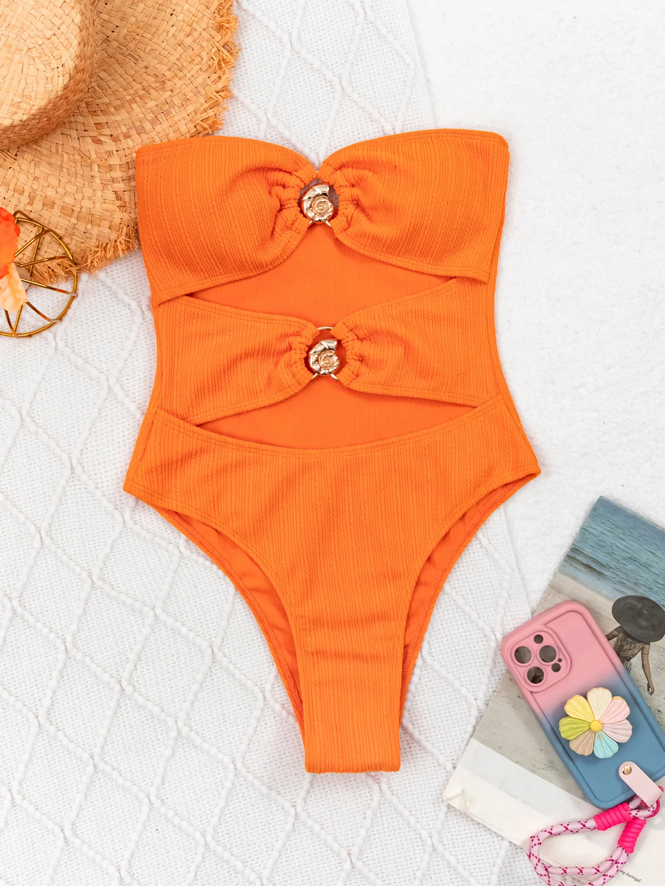 

sexy orange ribbed bandeau swimsuit one piece bikinis metal decoration hollow out swimwear bodysuits women biquini bathing suits