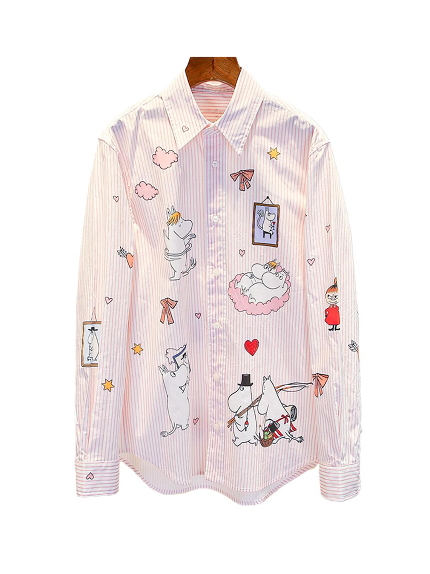 Doux rose rayé dessin animé imprimé femmes irt décontracté trajet Sle coupe ample longue Sve boutonné irt pour l'automne