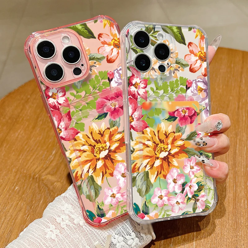 Case For iPhone 16 Pro Max Luxury Painting Sunflowers Clear Soft Silicone Card Holder Cover For iPhone 11 12 13 14 15 Pro Max