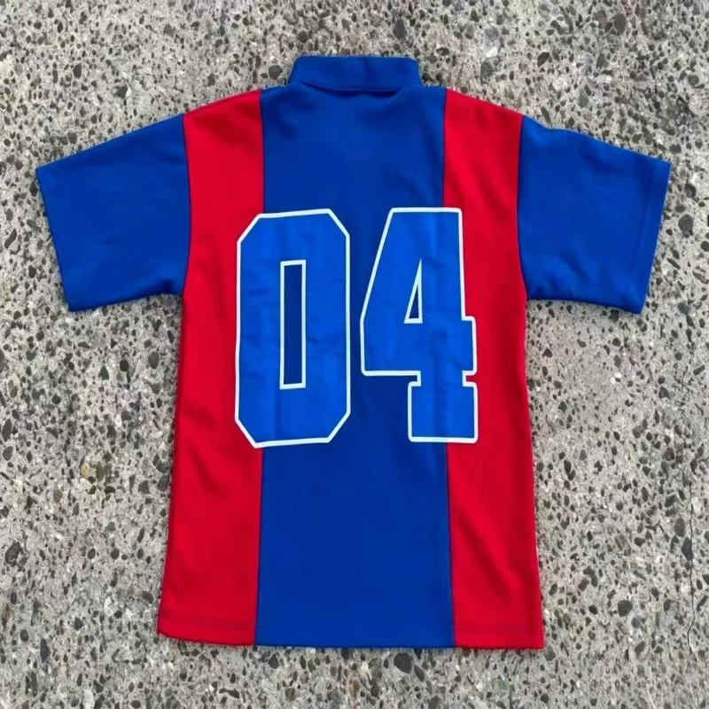 Red Blue Color Block Retro Jersey Style Short Sleeve Street Casual Lapel T Shirt Polo Shirt Men Urban Trendy Daily Casual Tops