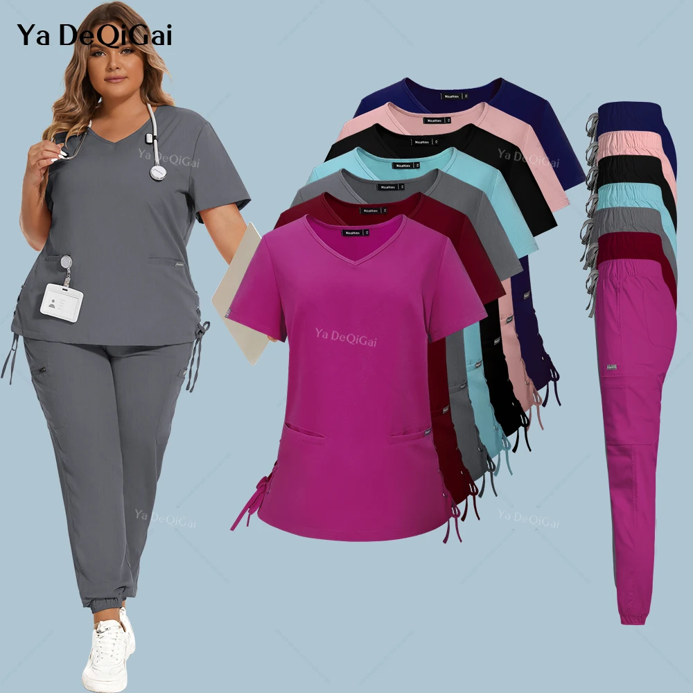 Uniforme médico elástico para mulheres, Conjunto esfoliante extragrande, Top e calça cirúrgica, Vestuário de enfermagem, Acessórios para clínicas