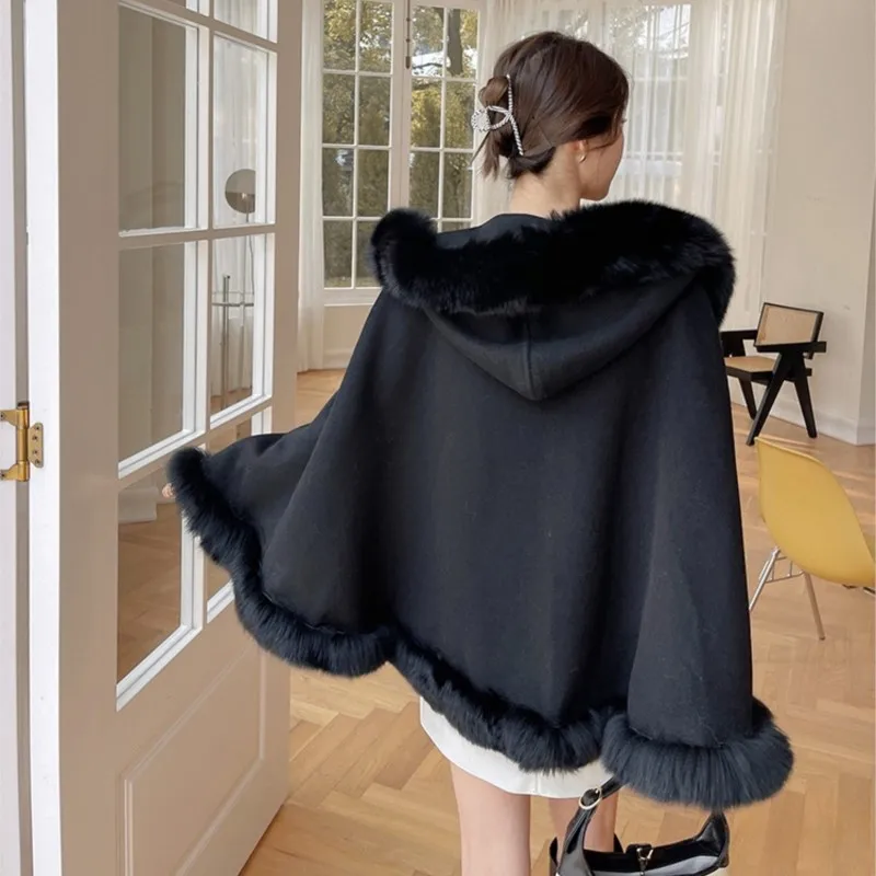 2023 New Mid-Length Poncho Fox Fur Shawl Cape Double-Faced Woolen Fur Coat with hood fox Hat Warm Winter Thick Capes