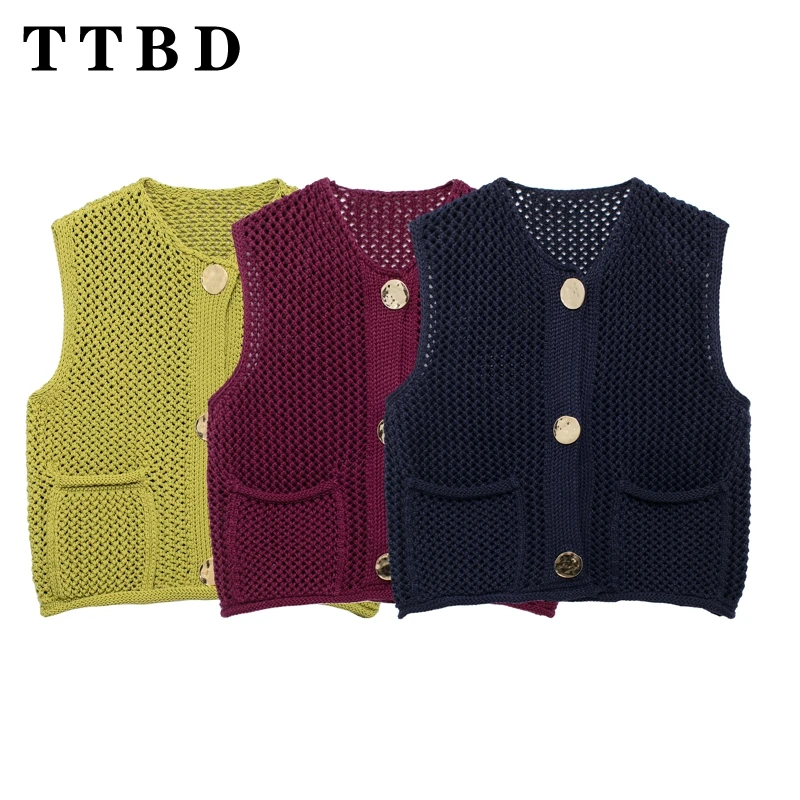 

TTBD 2024 Fall Female Trendy O Neck Knitted Waistcoat Women Elegant Solid Green Buttoned Sweater Vest Casual Sleeveless Jumper