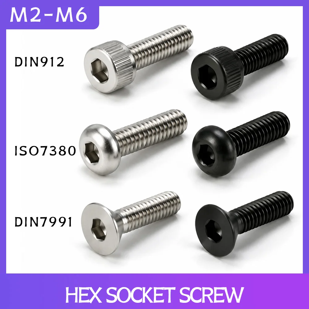 M2 M2.5 M3 M4 M5 M6 Hex Socket Screw 304 Stainless Steel Metric Machine Screws Black Carbon Steel High Grade Hexagonal Bolts