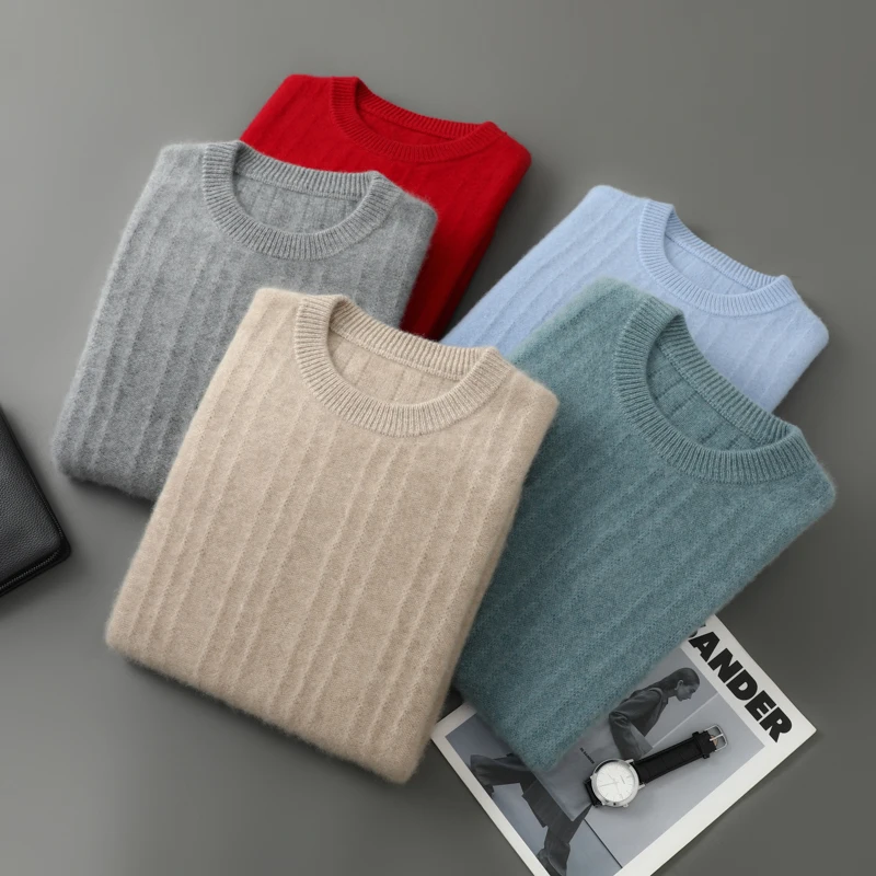 Winter versatile and fashionable 100% pure wool sweater men's round neck thick sweater youth business casual knitted base pullov