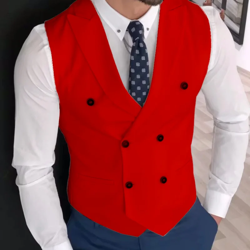 Lansboter Men Vest Pink Solid Double Button With Lapel Business Casual Waistcoat For Wedding Banquet Work Set Men Suit Vest