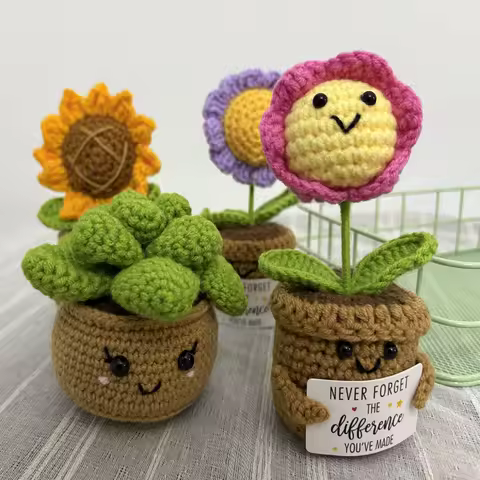 2025 Kawaii Positive Crochet Flower Pot Funny Emotional Support Plant Creative Knitting Flower Desk Car Decor