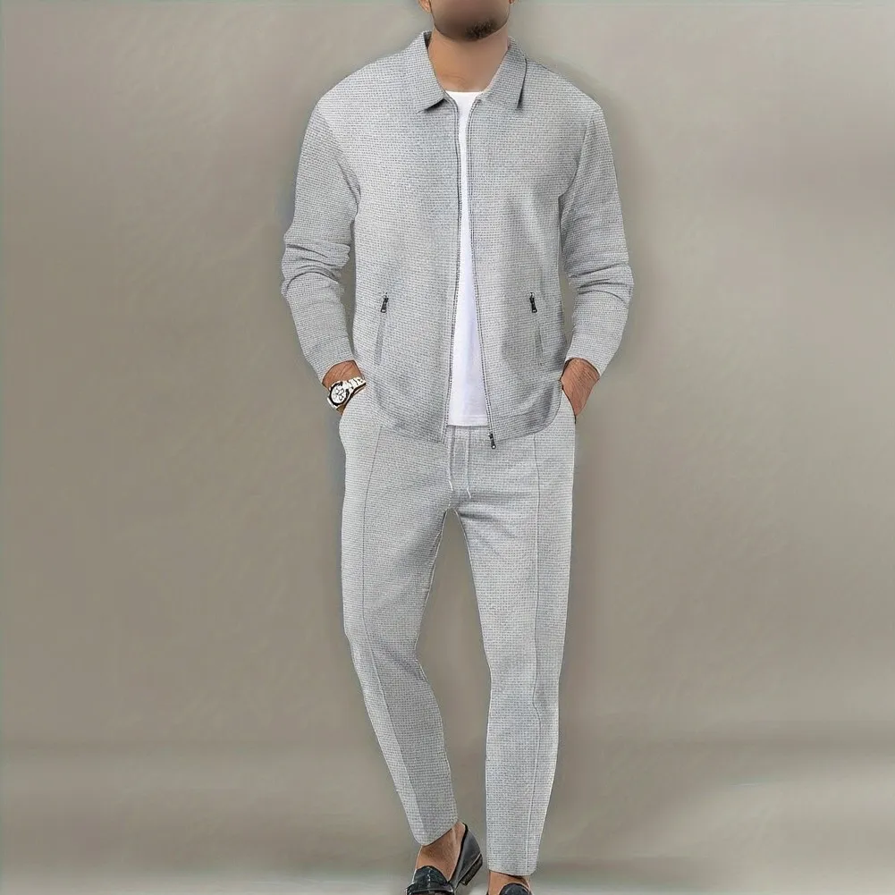 Waffle Knit Men's Long Sleeve Lapel Jacket with Zipper Pocket and Elastic Waist Long Pants Two Piece Combination