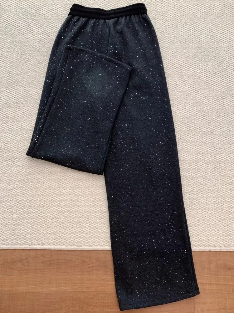 High Street Ladies Loose Lace Up Elastic Waist Wide Leg Pants Solid Color Sequins Female Pockets Leisure Straight Trousers