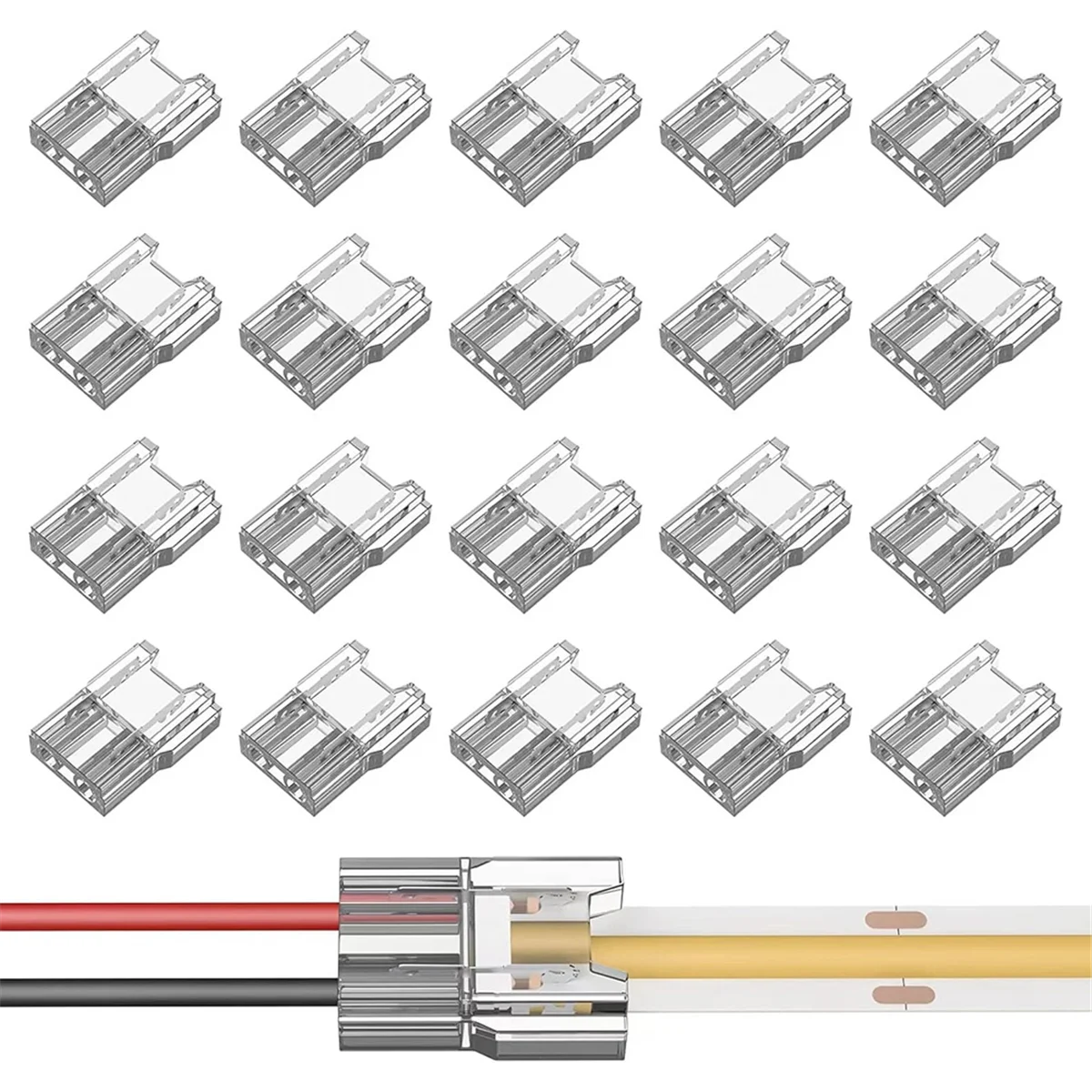 Conectores de tira de luz LED A002, 20 piezas, tira de 2 pines a cables, conectores de cinta de luz LED, transparente sin soldadura, sin área oscura, 8mm