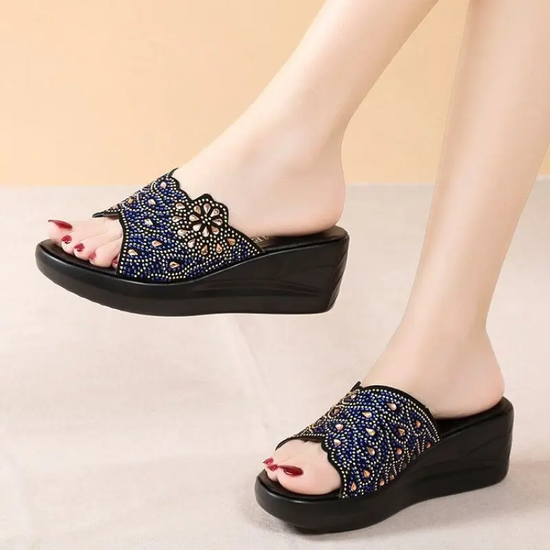 Sandal wanita musim panas, sepatu sandal wanita musim panas, sepatu Wedges, sepatu musim panas berlian imitasi, sepatu modis, nyaman, kasual, bersirkulasi