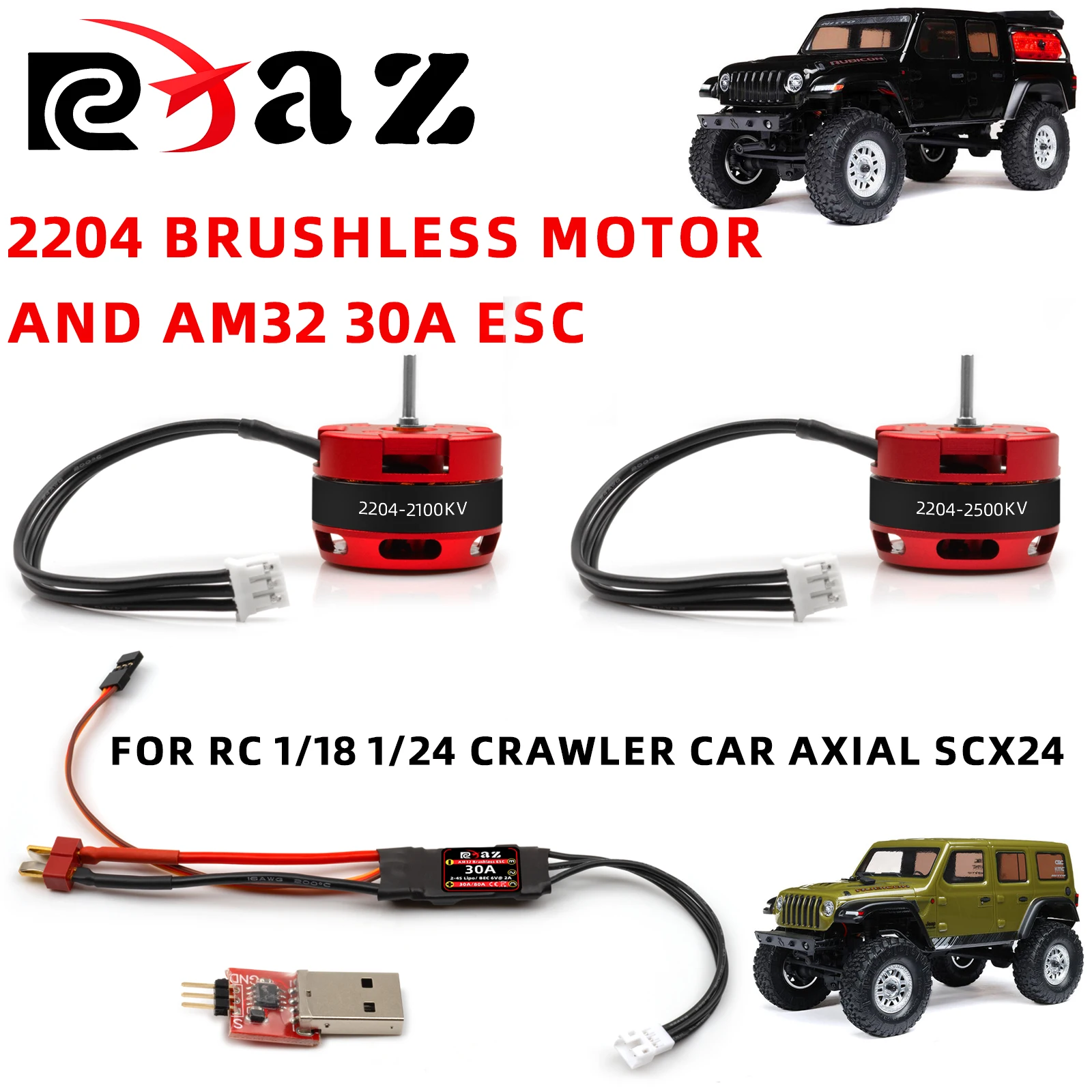 

RCXAZ AM32 Programmable 30A ESC 2204 Brushless Motor for 1/18 1/24 RC Axial SCX24 FCX24 TRX4M 2-3s DIY Car Performance Upgrade
