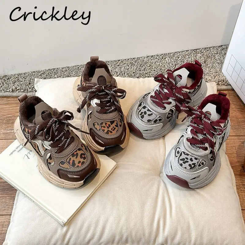 

Leopard Printed Children Sneakers Autumn Winter Plush Warm Boys Girls Sport Shoes PU Patchwork Hook Loop Kids Running Shoes