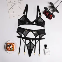 Erotic Set Women Mesh Transparent 3-Piece Black Garter Lingerie Set Back Open Bra Patchwork Underwear Set Babydoll