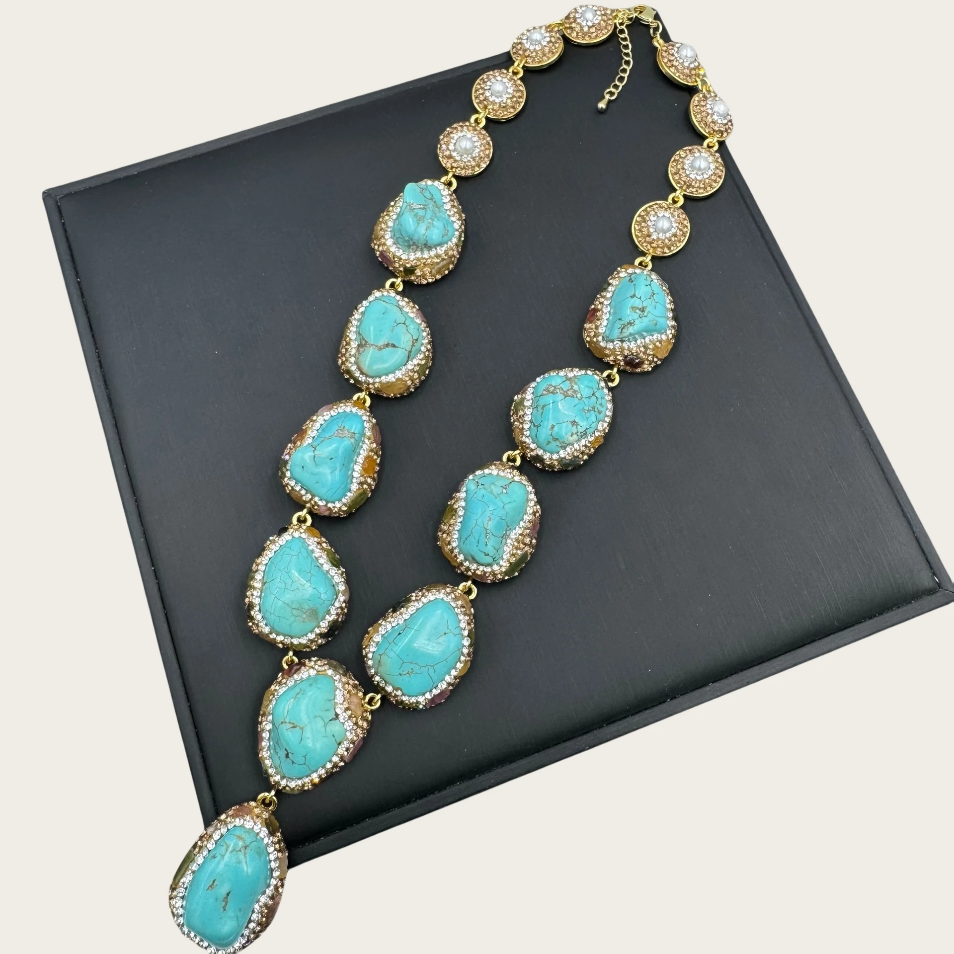 Turkish Rough Turquoise Necklace with Natural Pearl Inlay Jewelry Set Ethnic Style Handmade Simulated Gem Stone Four Piece Set