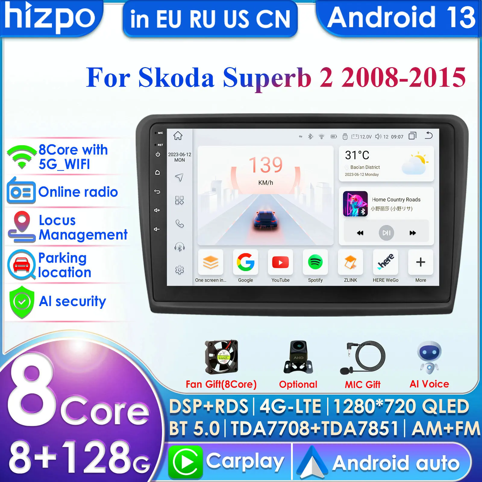 Hizpo 4G 9'' AI Intelligent Systems Wireless CarPlay Android Auto Radio for Skoda Superb 2 2008-2015 Car Multimedia GPS 2din DSP