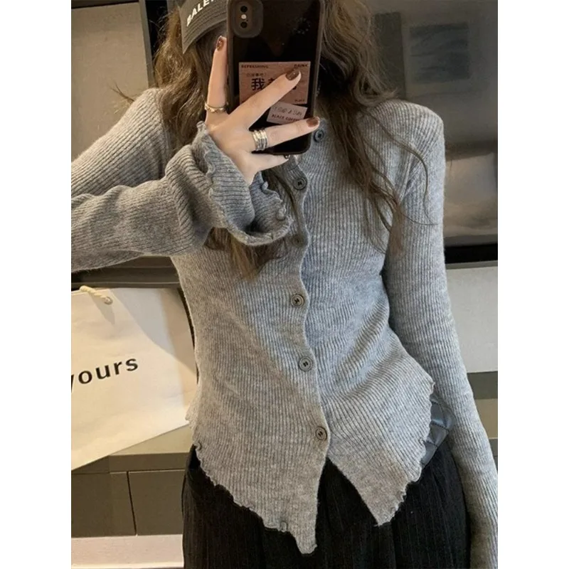 Deeptown Y 2K Grey Vintage Vrouwen Kint Trui Harajuku Lange Mouw Vest Onregelmatige Koreaanse Mode Slanke Herfst Truien Casual