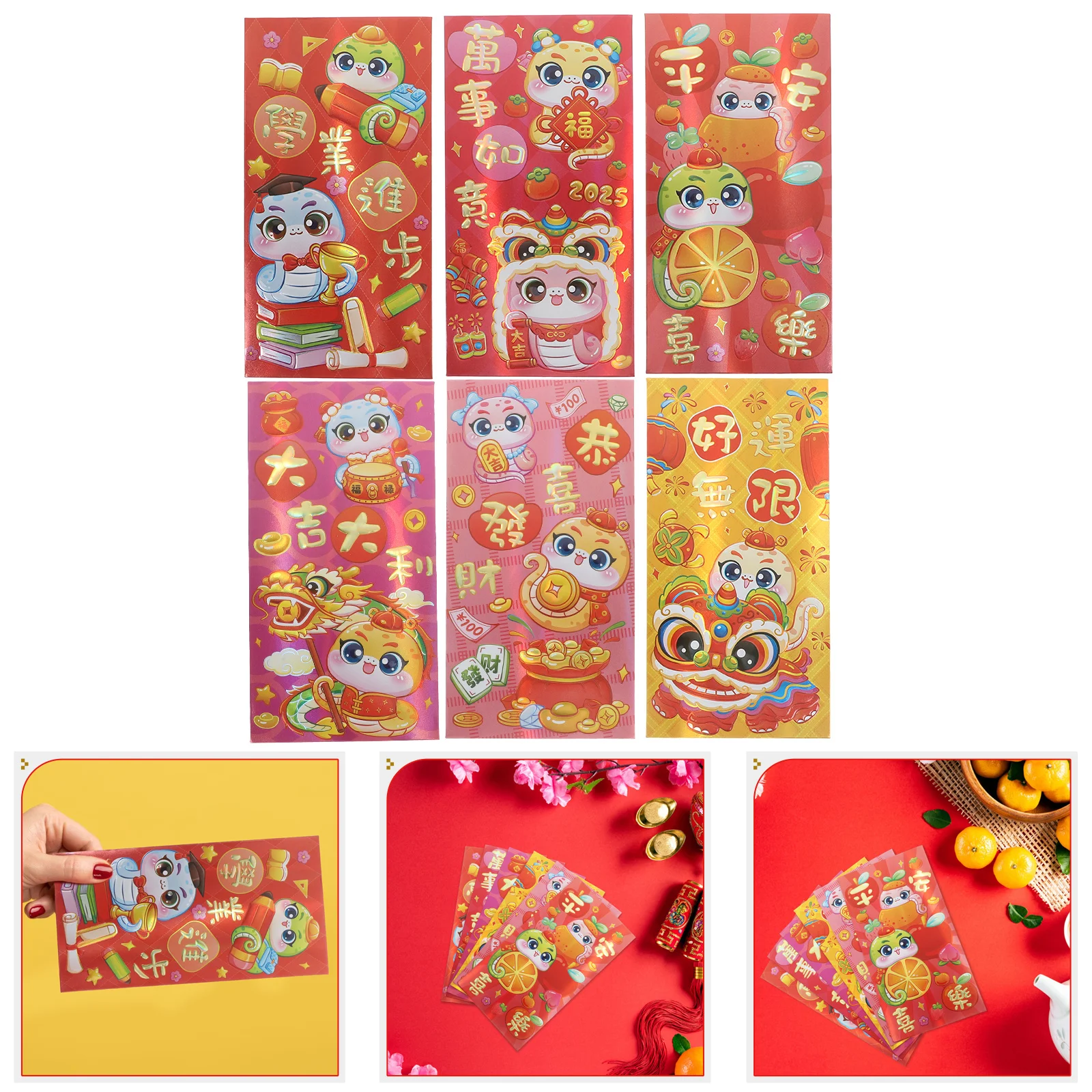 

6 Pcs Red Envelopes Chinese New Year Snake Design Fine Printing Money Envelopes for Cash Lucky Hong Bao Cartoon Characters