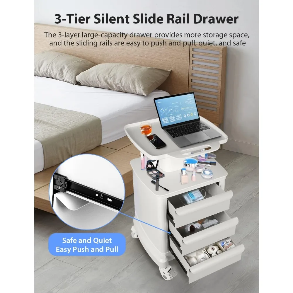 Portable Ultrasound Scanner Trolley Cart with Beauty Storage, 110 lbs Capacity, 3 Drawers, Heavy Duty Mobile Cart for Imaging Eq