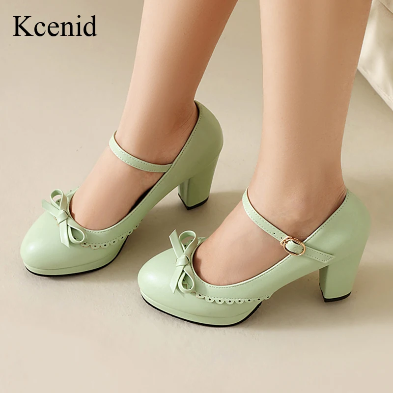 

Kcenid 2025 New Arrival Women's Sweet Bowtie Platform Pumps High Heels Mary Janes Round Toe Party Wedding Shoes Large Size 47 48