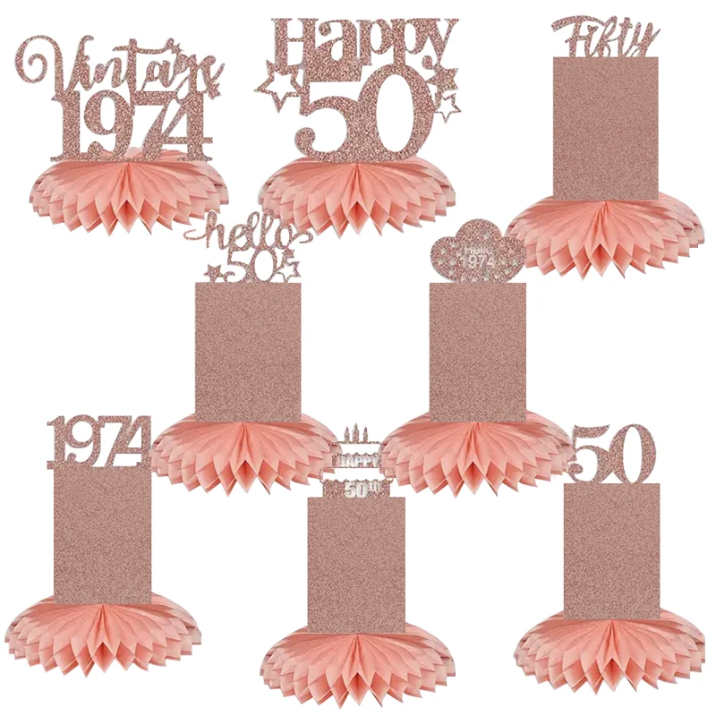 8Pcs Happy 50th Birthday Decorations Honeycomb Centerpiece Pink Rose Golden Photobooth Props Sweet 50th Birthday Party Supplies