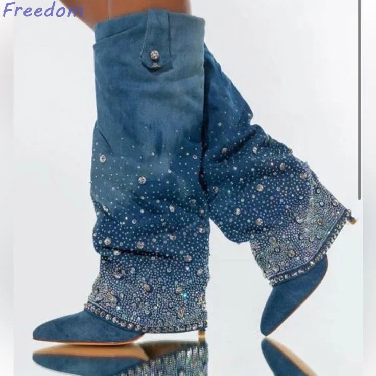 New full of stars pointed fine heel rhinestone women's boots jeans tube boots large size women's boots