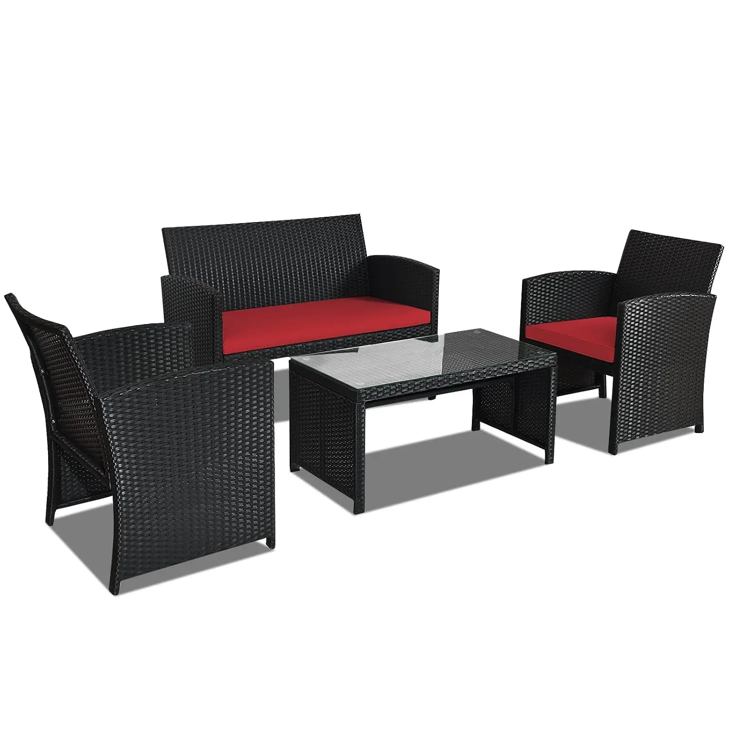4-Piece Rattan Patio Furniture Set, Outdoor Wicker Sofa & Table with Cushions & Glass Top for Balcony Garden, Customized