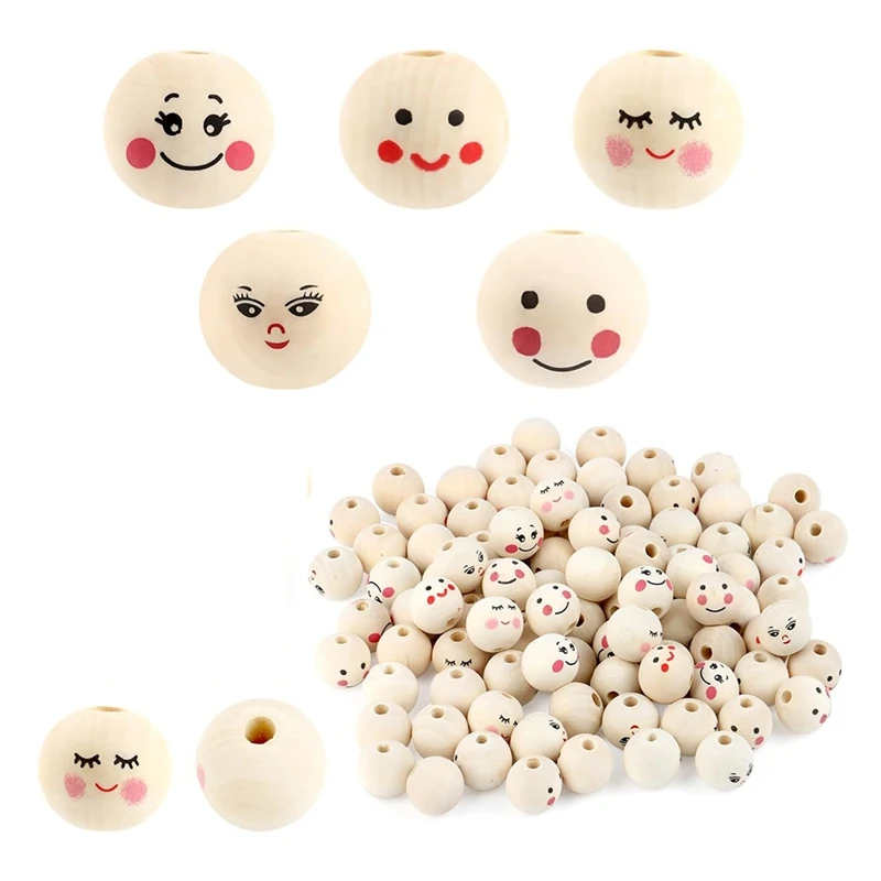 Pack Of 100 Wooden Beads With Face, 20 Mm Wooden Balls With Hole For Threading, Wooden Heads For Worry, Wooden Beads