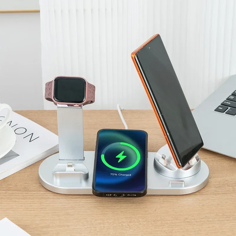 6-in-1 all-in-one wireless charging, portable desktop stand, mobile devices, and Bluetooth earphones can be charged quickly and