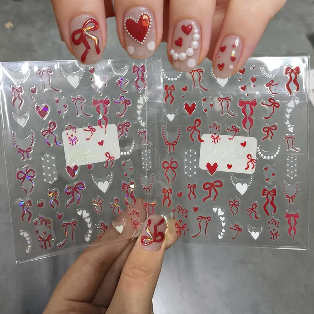 2개 세트 오로라 레드 화이트 하트 네일 아트 스티커 반짝이는 리본 사랑 프렌치 목걸이 네일 데칼 달콤한 여성 소녀 매니큐어 슬라이더