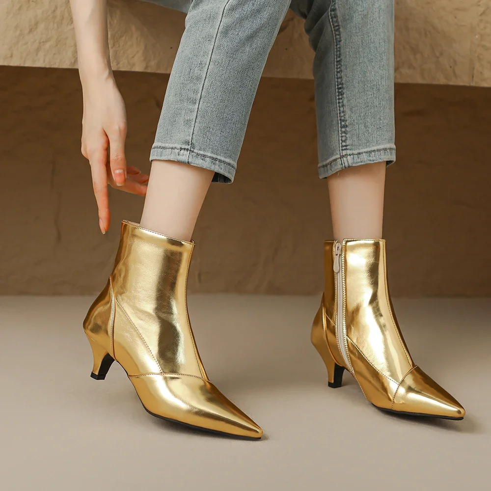 

Pointed Toe Ankle Boots Women Fashion Side Zippers Short Boots Female Slim 5CM Thin High Heels Gold Silver Shoes Booties Feminim