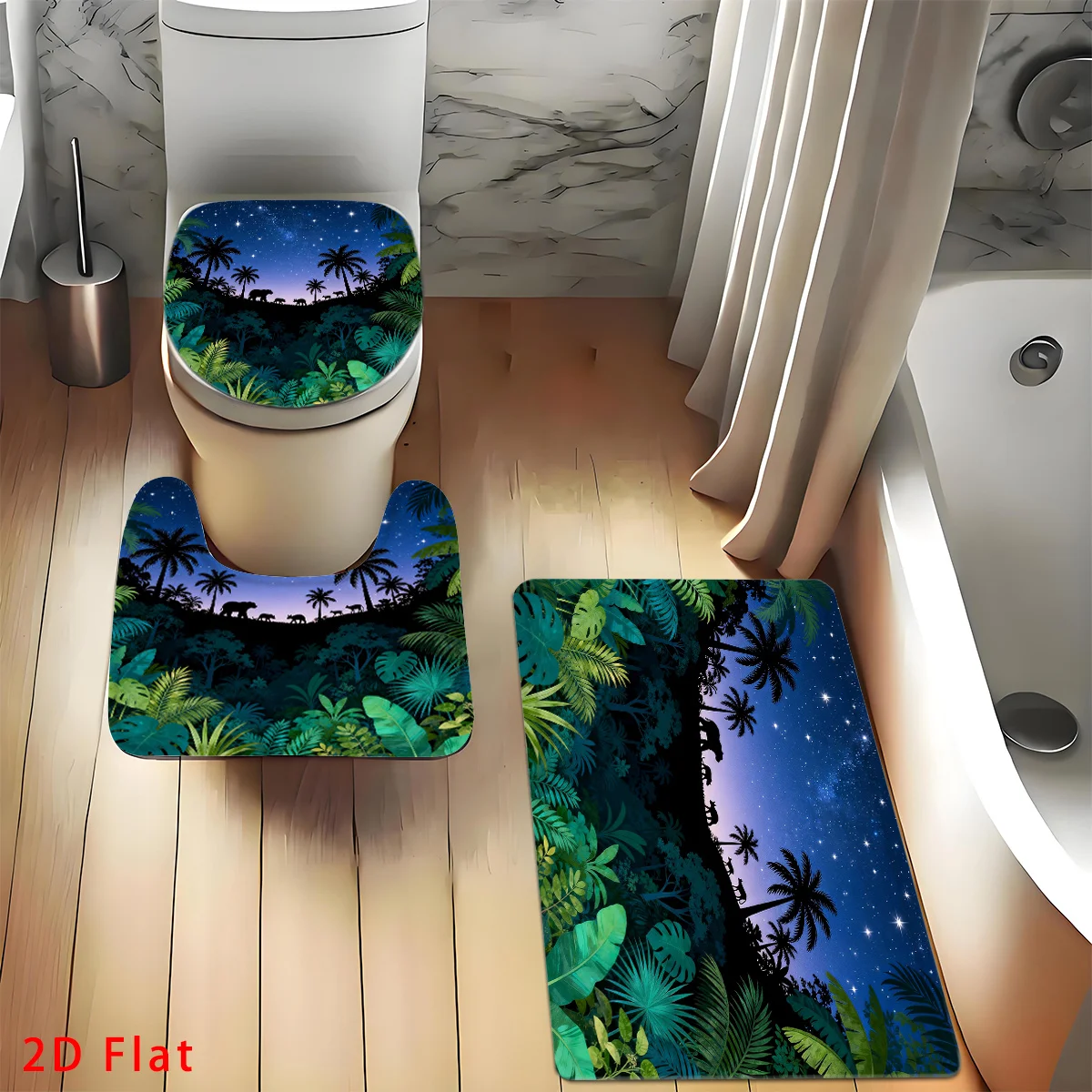 3 Pieces Starry Night African Jungle Bathroom Rugs Set, Night Sky Star Elephant Silhouette Palm Tree Tropical Leaf Pattern Non‑Slip Bath Mat U‑Shaped Rug Toilet Seat Cover, Mystic Nature Home Bathroom Decor Gift