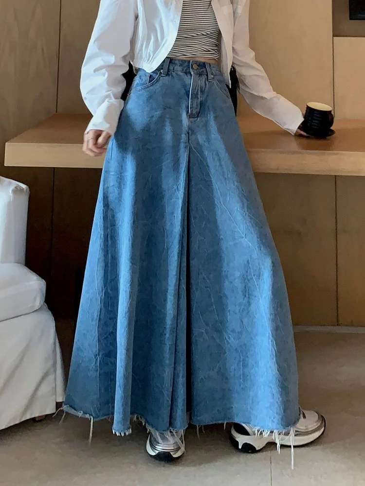 

Джинсовая юбка с высокой талией, женская, А-силуэт, длинная миди-юбка с рваным краем, скрывающая бедра, в корейском стиле, однотонная, для повседневной носки