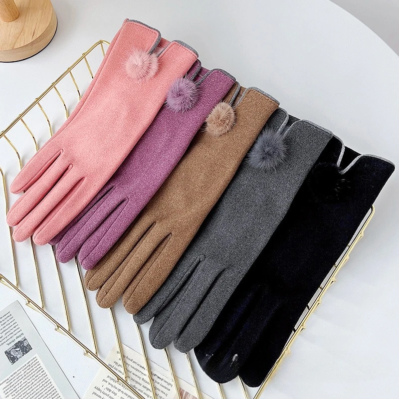 Women's spring, autumn, winter, velvet touch screen, rabbit velvet, simple, warm, windproof, student gloves for outdoor sports