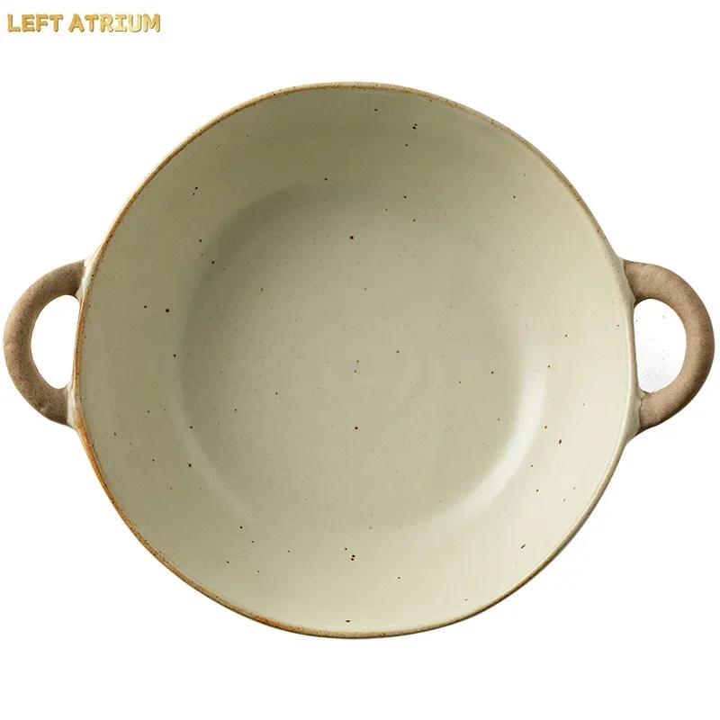 Japanese Style Retro Coarse Pottery Double Ear Soup Bowl Lamian Noodles Bowl Matte Color Practical Salad Plate
