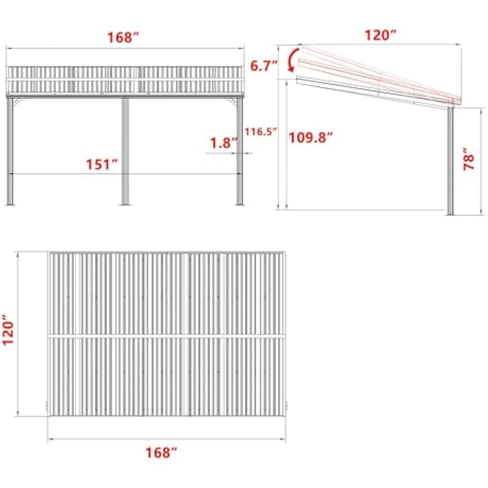 Adjustable Wall-Mounted Gazebo10x14 FT, PC Panel Roof Outdoor Pergola, Outdoor Patio Lean to Gazebo Awnings for Deck