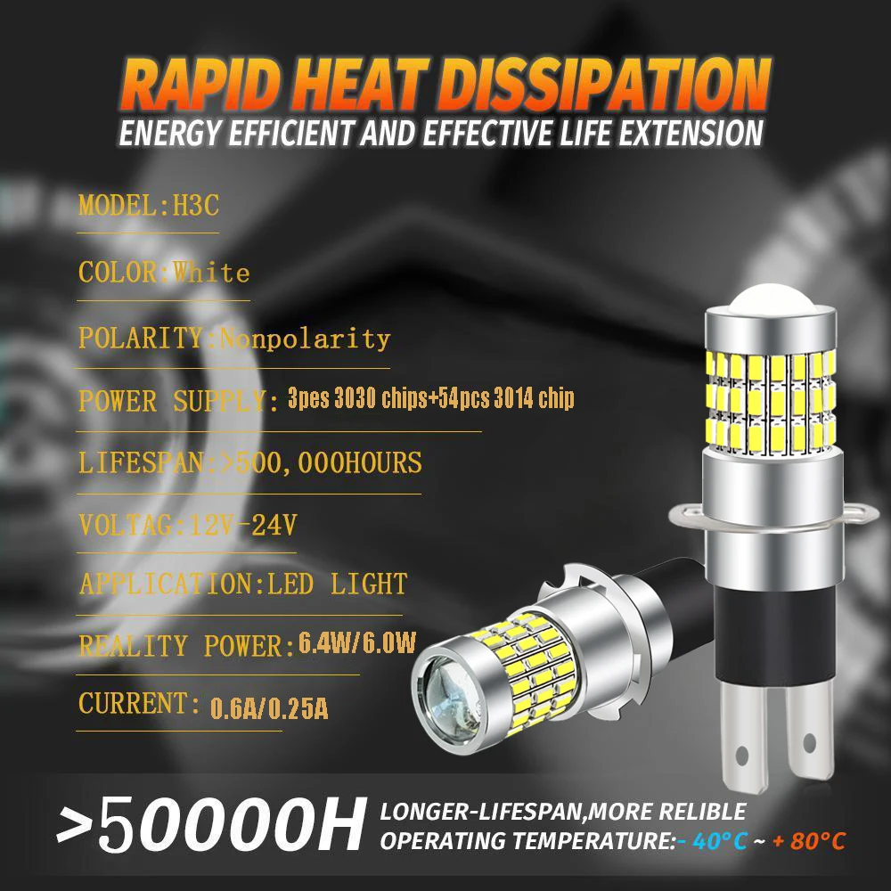 2 مصابيح ضباب للسيارة H3C LED، مصابيح إضاءة نهارية، مصابيح أمامية، مصابيح سيارة للقيادة، مصابيح إضاءة بيضاء 6000K، أبيض 12 فولت/24 فولت 3 ثانية