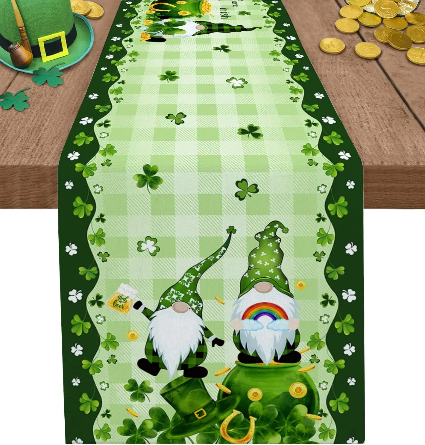 

St. Patrick's Day Gnomes Clover Linen Table Runners Dresser Scarve Table Decor Farmhouse Dining Table Runners Party Decorations