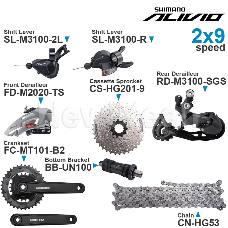 SHIMANO ALIVIO M3100 2x9 speed Groupset with Shifter REAR and M2020 Front DERAILLEUR HG200 HG201 Cassette Sprocket COG Chains